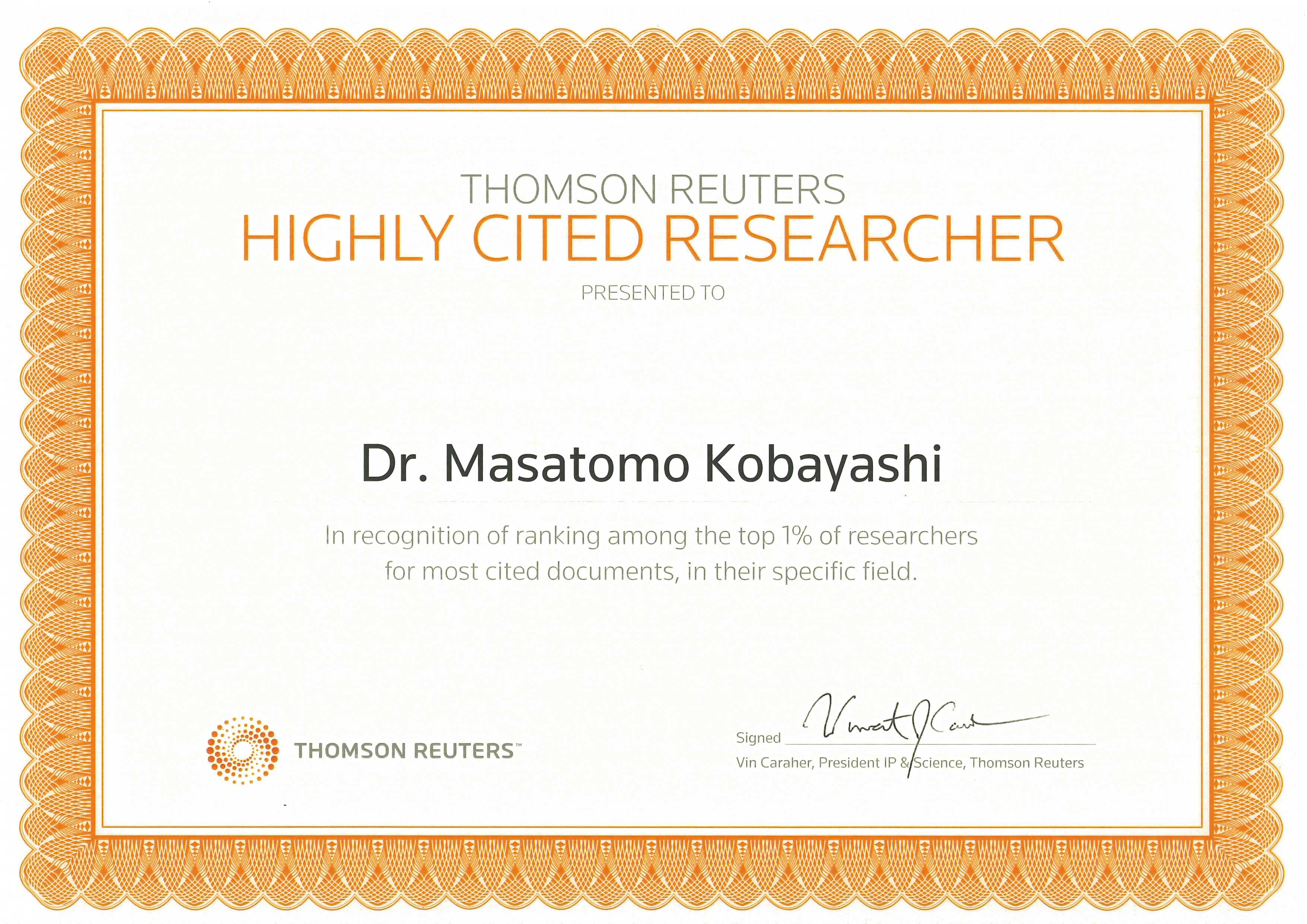 Dr. Masatomo Kobayashi has been selected for Highly Cited Researchers 2015
